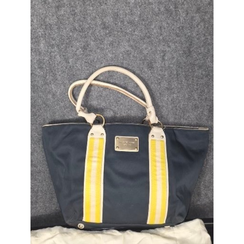 Michael Kors Montauk Nautical Navy Nylon Tote Bag Yellow Striped Leather Work